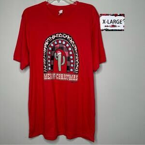 L&B Life XL Merry Christmas Red Rainbow Cactus tee shirt